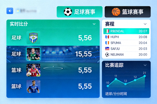 今年会直播界面展示实时比分、赛程和比赛追踪，足球与篮球赛事面板